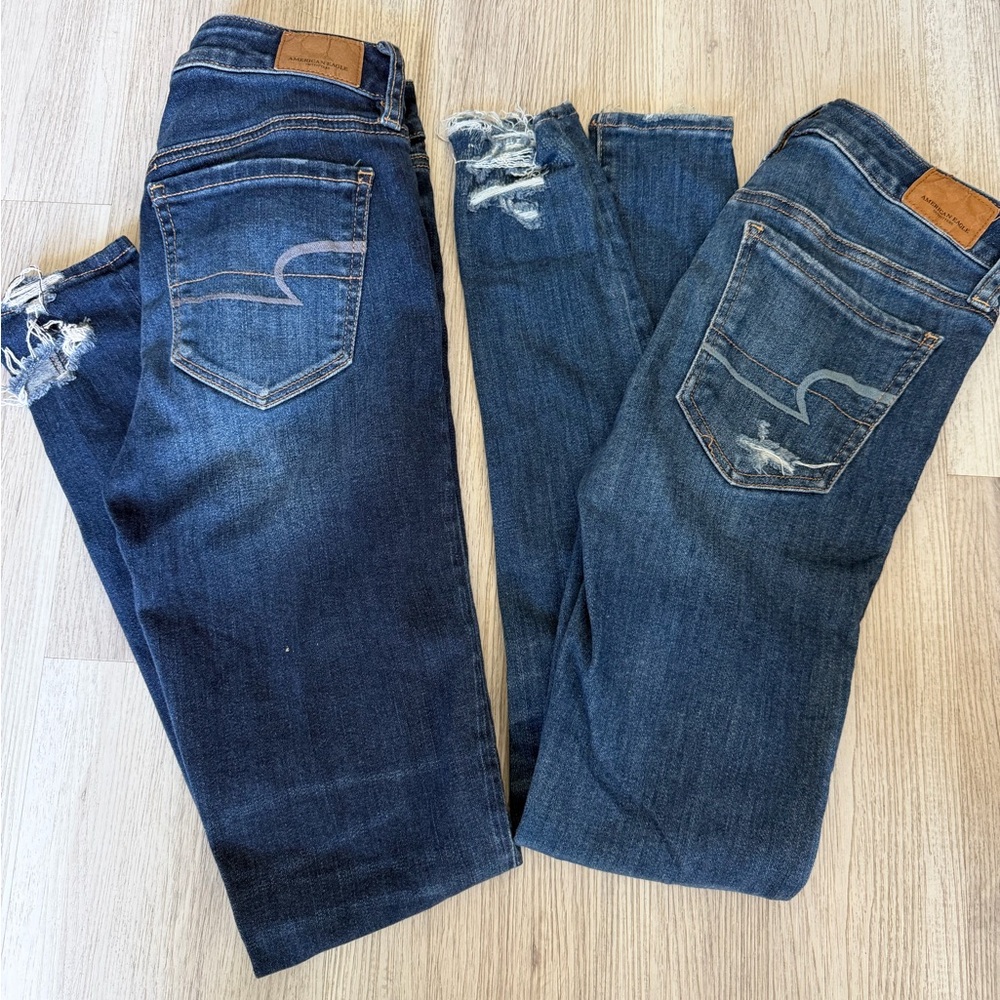 American Eagle Outfitters Dark Blue Distressed Skinny Jeans Pair